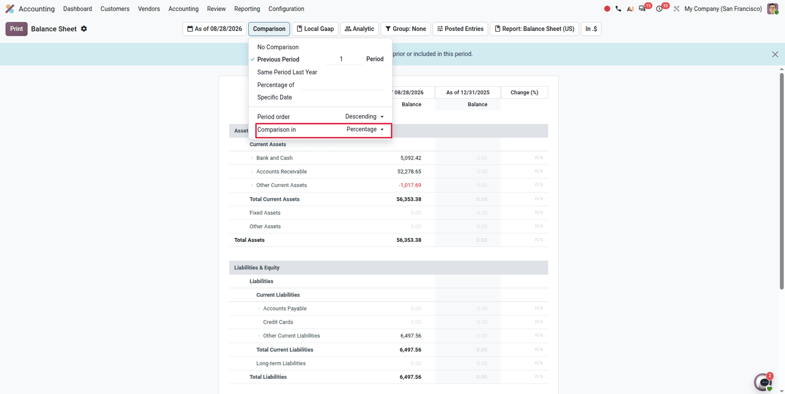 Odoo 20 muhasebe finansal rapor dönem karşılaştırması
