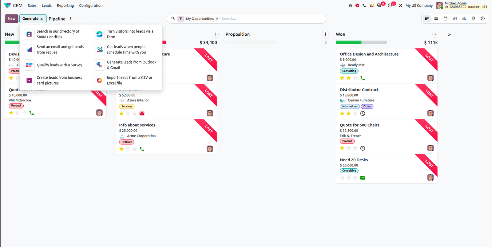 Odoo 20 CRM fırsat ve satış pipeline ekranı