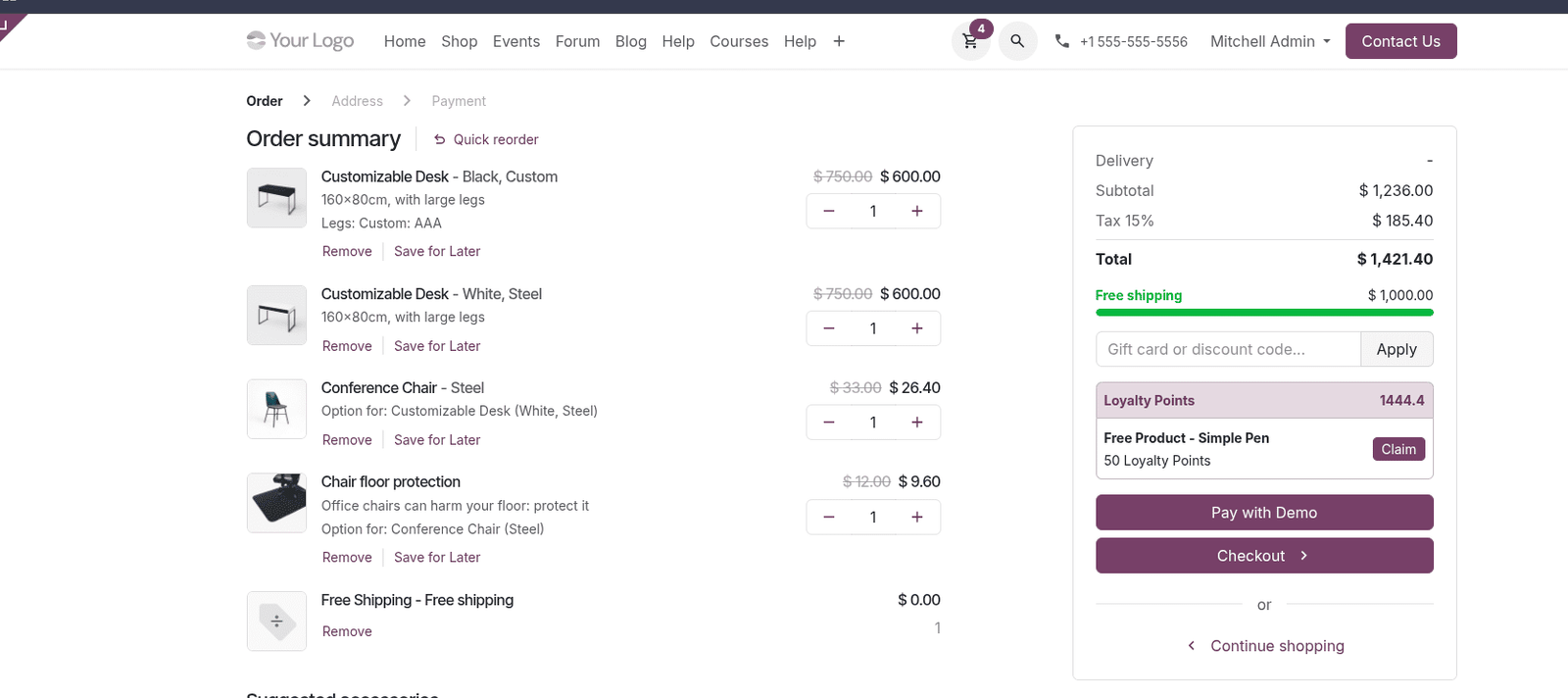 Odoo 20 e-ticaret sepet ve ödeme ekranı