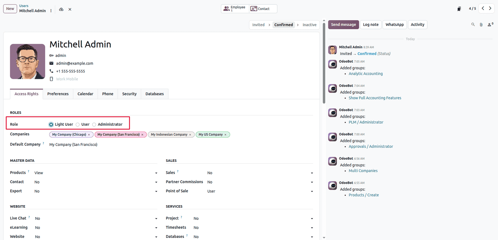 Odoo 20 Light User rol ve uygulama yetkileri ekranı