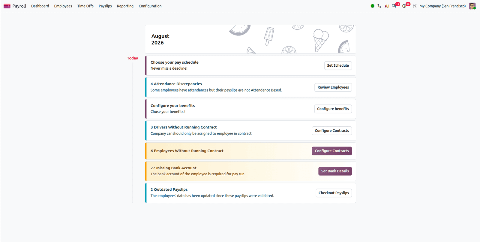 Odoo 20 bordro pano ve kurulum uyarıları ekranı
